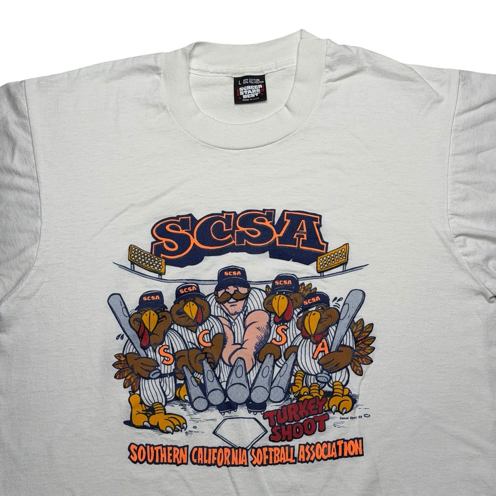 Vintage 80s SCSA x Southern California softball association caricature shirt